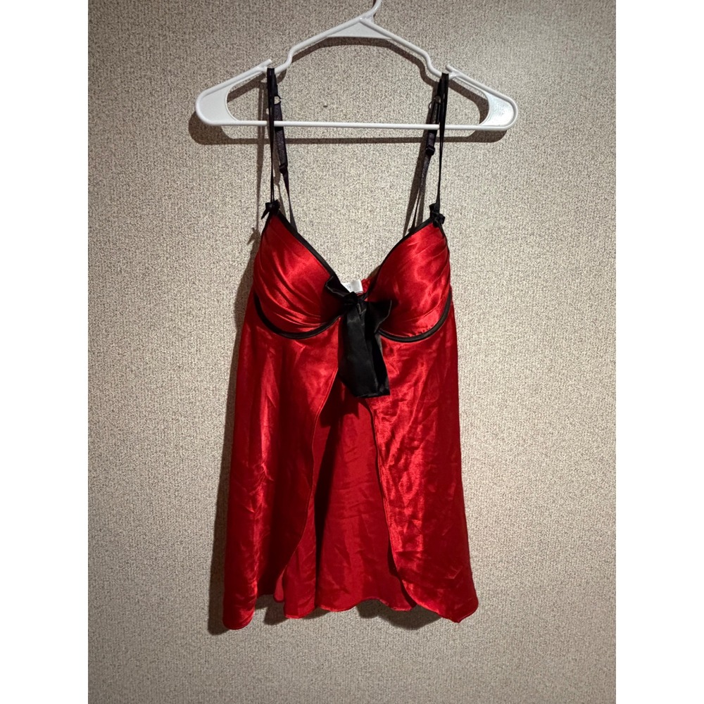 Cabernet Red Satin Babydoll Chemise Lingerie Black Bow Underwire Large